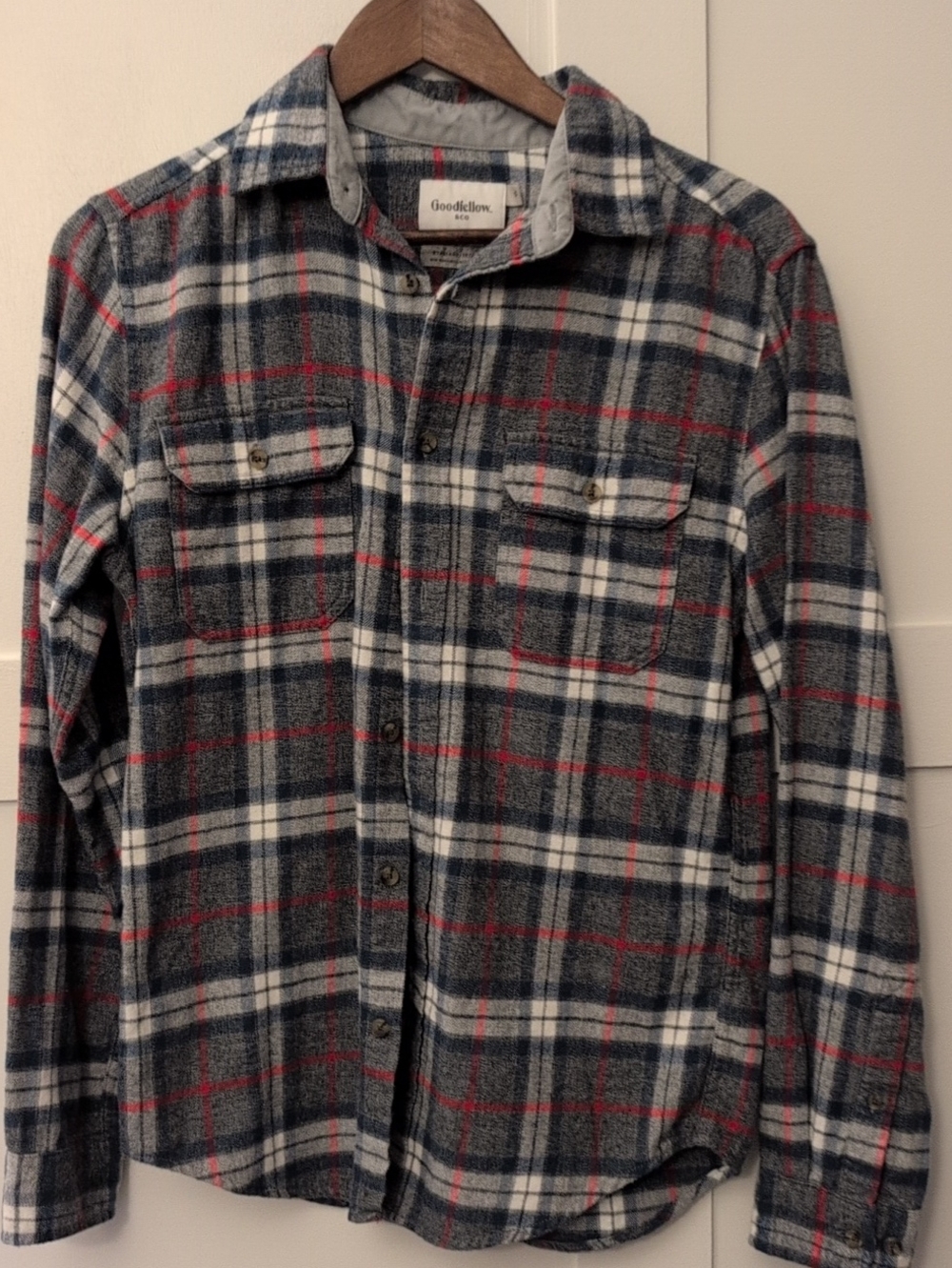 Goodfellow & Co Men’s Navy, Gray & White Plaid Button-Down Shirt with Red Accent
